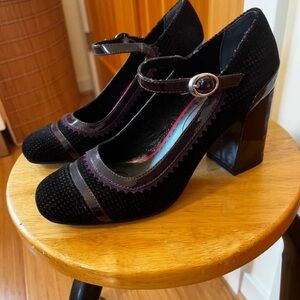 Poetic License Black Velvet Mary Jane Block Heels with Patent Trim